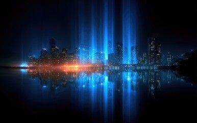 Obraz premium City skyline at night, illuminated by vibrant light beams reflecting on water