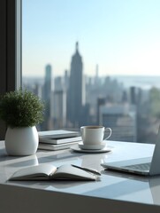 A modern office desk with a laptop, open notebook, pen, and a cup of coffee, overlooking a city skyline with skyscrapers on a clear sunny day