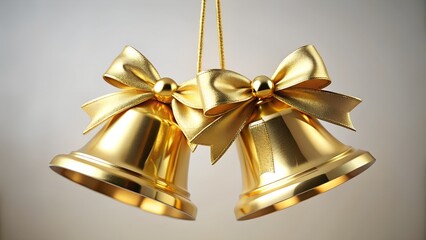 Two Golden Christmas Bells with Bows Hanging on Gold Strings