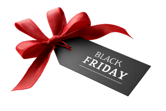 Black Friday sales tag with red ribbon bow