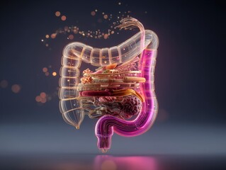 Abstract visualization of the human digestive system, rendered as a glowing, transparent structure with intricate details