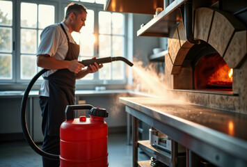 A chef in a professional kitchen uses a high-pressure air hose to clean a wood-fired pizza oven.