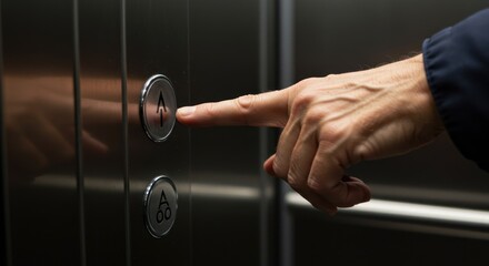 CLOSE VIEW OF A HAND PRESSING A BUTTON on an elevator