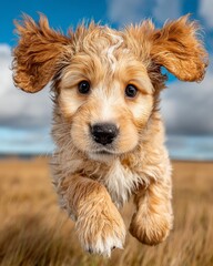 Adorable fluffy golden retriever puppy running towards camera with ears flying and face covered in snow, pure joy