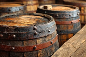 Aged wooden barrels, close-up