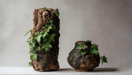 Two rustic wooden vessels, draped with ivy