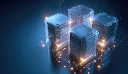 Four glowing, transparent server racks against dark background