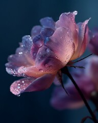 Closeup macro shot of a delicate pink rose covered in sparkling water droplets against a dark blue background