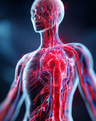 Anatomical illustration of the human circulatory system, showing arteries and veins in red and blue against a dark background