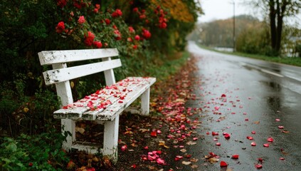 Rain-slicked road, white bench strewn with fallen red rose petals
