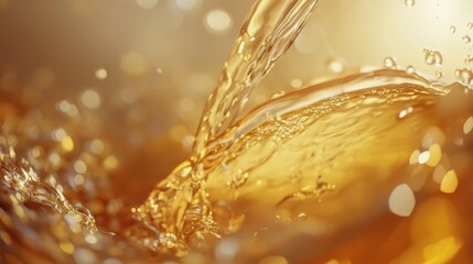 Flowing golden liquid with bubbles and bokeh effect, abstract composition.