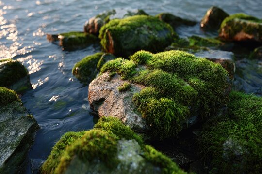 Moss-covered rocks at water's edge, sunlit