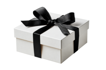 White gift box with black ribbon