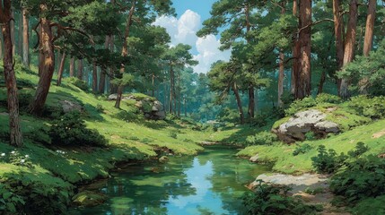 A serene forest scene with a winding stream reflecting the blue sky and surrounded by verdant trees and rocks