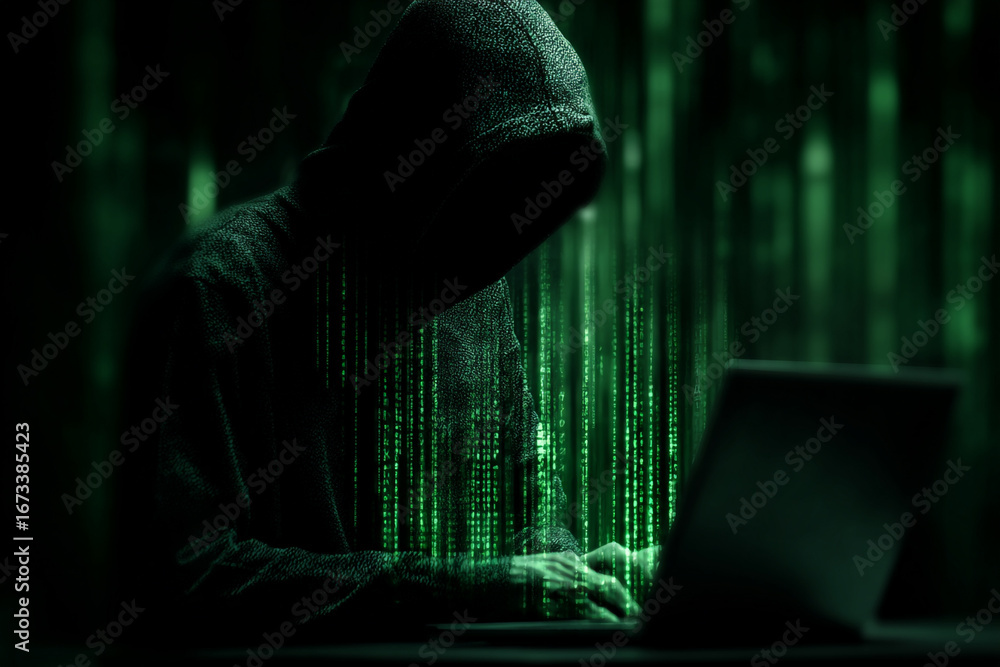 Poster hooded figure hacking a laptop green code streams behind them