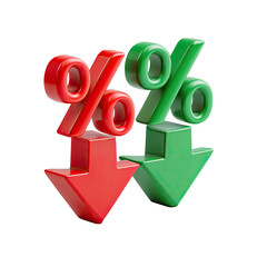 Two 3D percentage symbols with downward arrows, one red and one green
