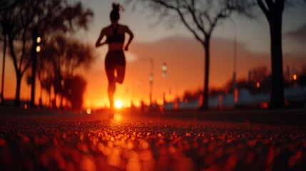 Silhouette of a woman running on a path at sunset, with the sun low on the horizon