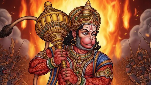 Powerful Hanuman God of Strength and Devotion in Fiery Battle, Digital Painting, Hindu Mythology, Indian Art, Religious Artwork, Spiritual Image, Cultural Heritage, Festive Decoration