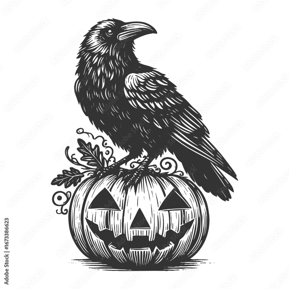 Poster raven standing beside a carved jack-o-lantern pumpkin with bats flying in background sketch engravin