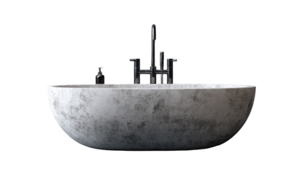 A contemporary, oval-shaped stone bathtub with modern fixtures