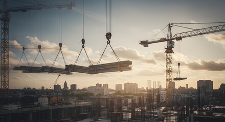 Obraz premium Construction Crane Lifting Steel Beams at Sunset Urban Development