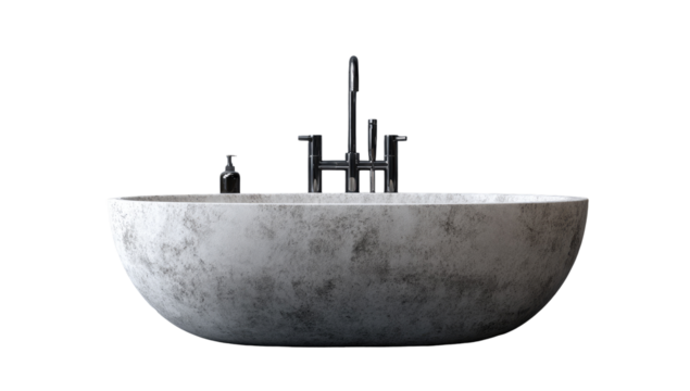A contemporary, oval-shaped stone bathtub with modern fixtures