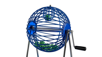 A blue bingo machine with green balls inside for lottery games and random number drawing concept use on transparent background