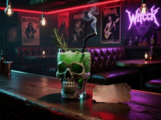 Green skull cocktail in a bar with neon lights and smoky effect.