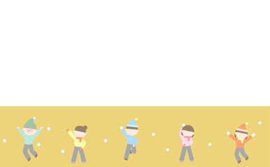 雪合戦をする子供たちの罫線イラスト