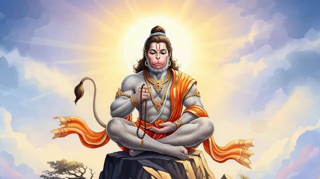 Serene Hanuman in Meditation Digital Painting of Hindu Deity, Peaceful Posture, Spiritual Artwork for Religious, Cultural, and Spiritual Designs