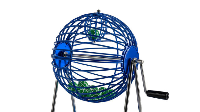 A blue bingo machine with green balls inside for lottery games and random number drawing concept use on transparent background