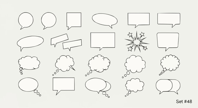 A collection of various hand-drawn speech and thought bubbles, set number 48, in black outline on a light gray background.