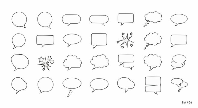 A collection of various black and white line art speech bubbles and thought clouds on a white background.