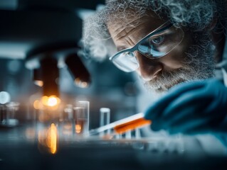 Closeup of a scientist with a beard and glasses examining a test tube with orange liquid under a microscope in a laboratory