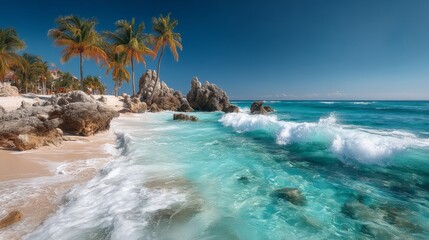A beautiful tropical beach with palm trees, rocky outcrops, and clear turquoise water with gentle waves