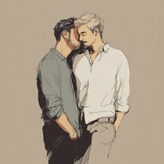 Romantic digital illustration of two gay men in an intimate embrace, modern sketch style with soft muted earthy tones, minimal background, and cinematic framing emphasizing tenderness and LGBTQ love