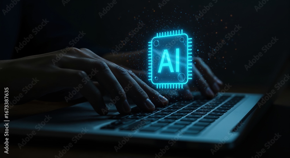 Poster ai integration in action: a close-up shot of hands typing on a laptop, with a glowing ai symbol symb