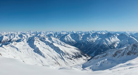 Majestic Snowy Mountainscape: Breathtaking view of towering, snow-covered mountain range with the clear blue sky. perfect depiction of serene alpine vistas