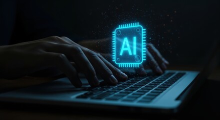 AI Integration in Action: A close-up shot of hands typing on a laptop, with a glowing AI symbol symbolizing the intersection of human interaction and cutting-edge technology.
