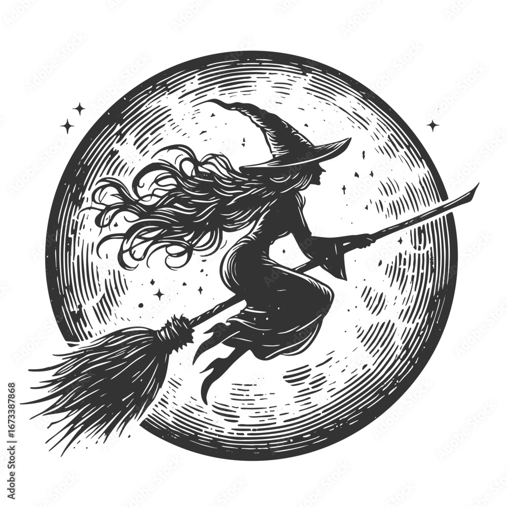 Poster witch in a hat and cape riding a broomstick with the full moon behind her sketch engraving generativ