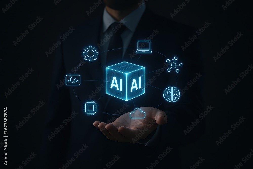 Poster ai technology innovation: a close-up view depicts a person presenting a holographic representation o