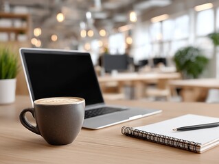 Modern office desk with a laptop, coffee cup, and notebook, symbolizing productivity, work, and remote business