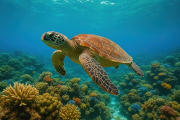 Obraz premium Sea Turtle's Underwater Journey: A solitary sea turtle gracefully glides through the crystal-clear blue ocean.