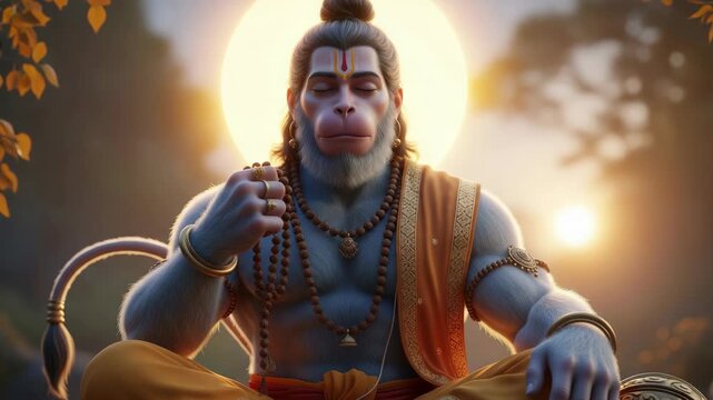 Meditative Serenity Hanuman in Peaceful Contemplation with Rosary Beads, Golden Light, and Traditional Attire for Spiritual Reflection and Cultural Illustration
