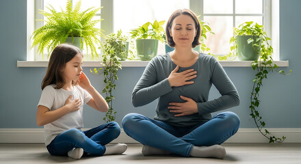 A mother and daughter are meditating together, practicing deep breathing exercises with their hands on their chests and stomachs.