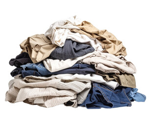 A large, towering stack of beige and brown clothes, with a mix of folded garments and disorganized items, creating a slightly chaotic but neat pile.