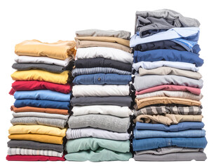 A tall, organized stack of neatly folded clothes in various colors, including bright red, blue, and striped patterns, creating a vibrant column.