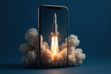 Digital Ascent: A sleek smartphone displays a rocket launching into the cosmos, symbolizing technological innovation and progress.