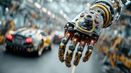 Advanced robotic arm with intricate details working on a futuristic sports car in a modern factory setting