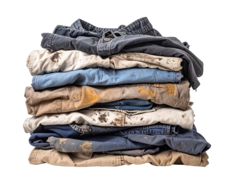 A tall, messy pile of clothes with a mix of colorful garments, including yellow, blue, and brown items, creating a chaotic heap.